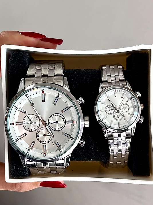 İçi Beyaz Takvimli Silver Çift Saati