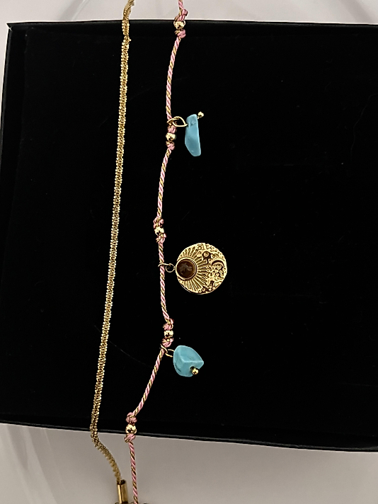 Çelik Pembe İpli Taşlı Gold Halhal