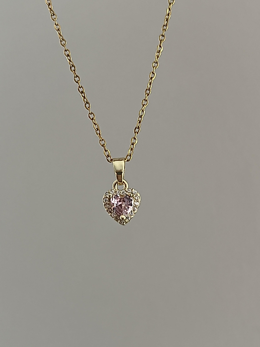 Çelik Pembe Taşlı Mini Kalp Kolye