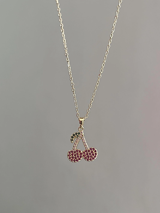 Çelik Taş Detaylı Gold Kiraz Kolye