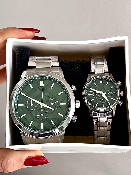 İçi Yeşil Takvimli Silver Çift Saati