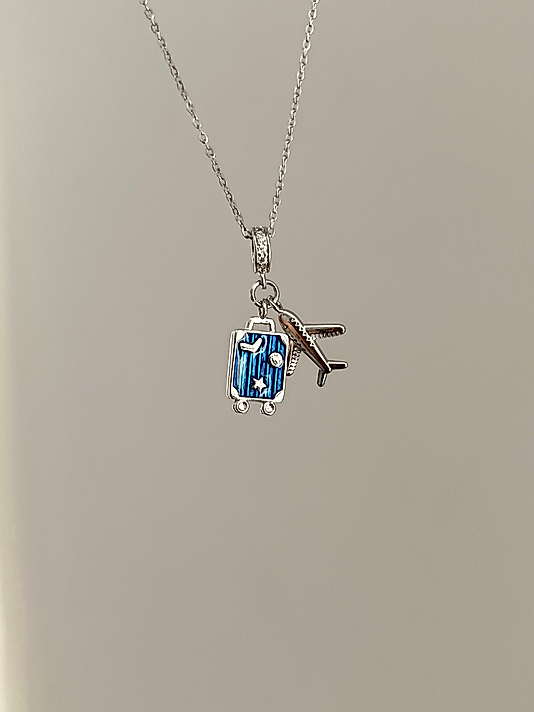 Çelik Silver Uçak Bavul Charm Kolye